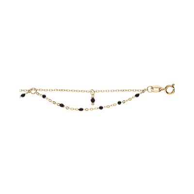 Chaîne cheville argent et dorure jaune 2 rangs résine et boules empierées noires 23+3cm