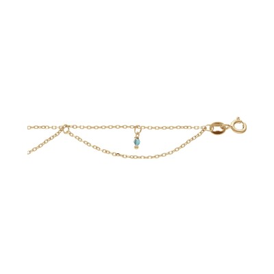 Chaîne cheville argent et dorure jaune 2 rangs empierées bleu clair 23+2cm