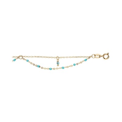 Chaîne cheville argent dorure jaune 2 rangs résines et boules empierées turquoise imitation 23+3cm