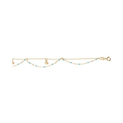 Chaîne cheville argent et dorure jaune 2 rangs résine turquoise imitation et coeurs 23+3cm