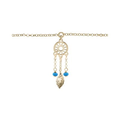 Chaîne cheville argent et dorure jaune attrape rêve boules résine bleu ciel 23+3cm