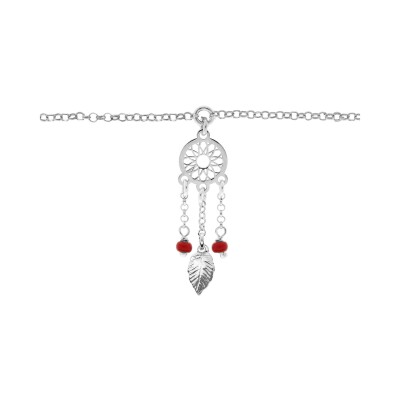 Chaîne cheville argent rhodié attrape rêve boules résine rouge 23+3cm