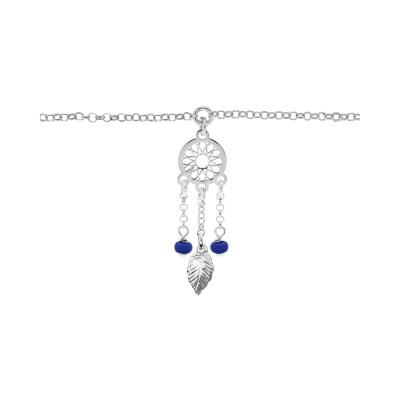 Chaîne cheville argent rhodié attrape rêve boules résine bleu foncé 23+3cm
