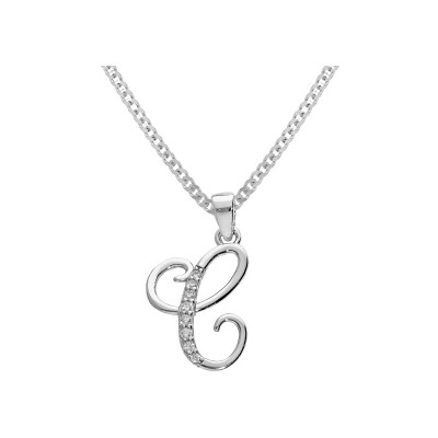 Collier argent rhodié pendentif initiale c oxydes blancs sertis 42+3cm