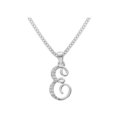 Collier argent rhodié pendentif initiale e oxydes blancs sertis 42+3cm