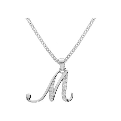Collier argent rhodié pendentif initiale m oxydes blancs sertis 42+3cm
