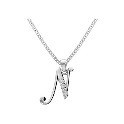 Collier argent rhodié pendentif initiale n oxydes blancs sertis 42+3cm