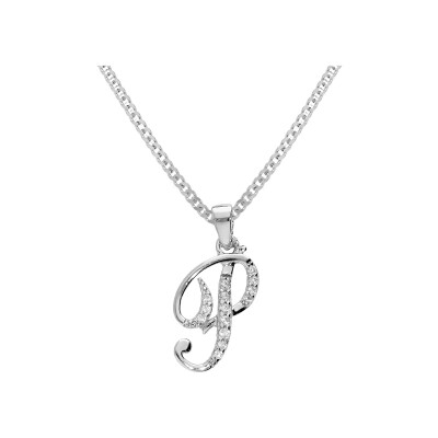 Collier argent rhodié pendentif initiale p oxydes blancs sertis 42+3cm