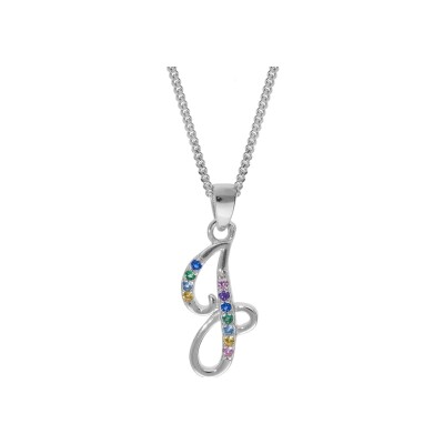Collier argent rhodié pendentif initiale j oxydes multi couleurs sertis 42+3cm
