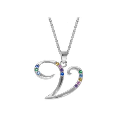 Collier argent rhodié pendentif initiale v oxydes multi couleurs sertis 42+3cm