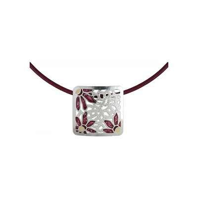 Collier argent rhodié cordon cuir + motif carré couleur grenat