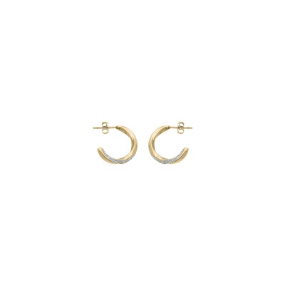 Boucles d'oreilles tige demi-créoles acier et pvd doré avec oxydes blancs