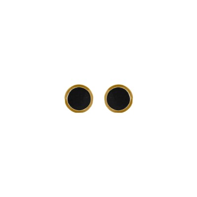 Boucles d'oreilles acier doré jaune fermoir a vis et caoutchouc résine noire 8mm