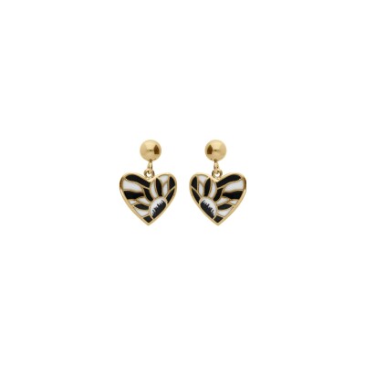 Boucles d'oreilles tige acier doré stella mia forme coeur résine blanche et noire