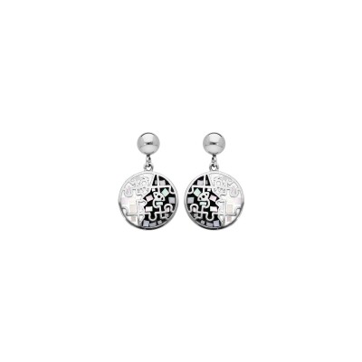 Boucles d'oreilles tige acier stella mia ronde résine noire et blanche et nacre