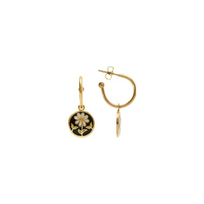 Boucles d'oreilles tige acier doré jaune stella mia ronde résine noire fleur