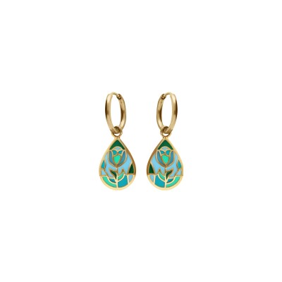 Boucles d'oreilles tige acier doré jaune stella mia forme goutte résine bleu vert