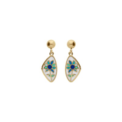 Boucles d'oreilles tige acier doré jaune stella mia résine blanche fleur bleu