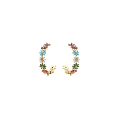 Boucles d'oreilles créoles tige acier doré fleurs résine multi couleuts