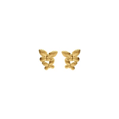 Boucles d'oreilles tige acier doré jaune papillon double