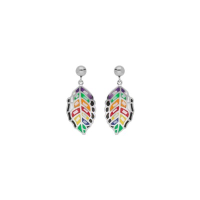 Boucles d'oreilles tige acier pendante stella mia motif feuille résine multi couleur et nacre