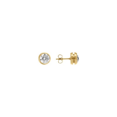 Boucles d'oreilles tige acier et pvd doré ronde oxyde blanc