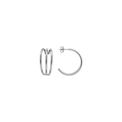 Boucles d'oreilles créoles acier 3 rangs ecartés larg 13mm x haut 32mm