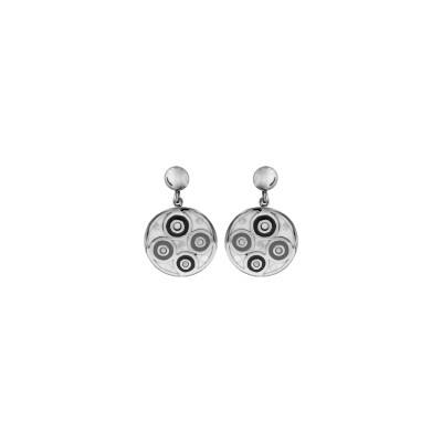 Boucles d'oreilles tige acier stella mia ronde pendante résine motif rond noir et blanc avec nacre