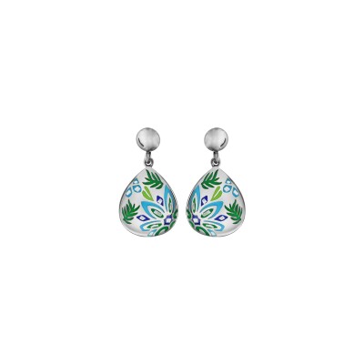 Boucles d'oreilles acier et nacre stella mia forme ovale colibri bleu vert