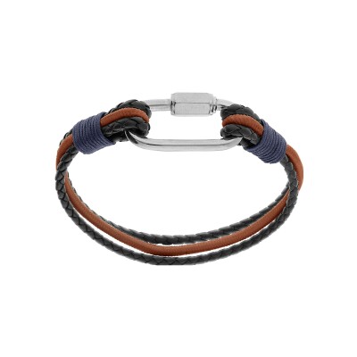 Bracelet acier et cuir bovin 2 tresses noires et un cordon marron mousqueton vissé 20cm