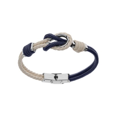 Bracelet acier cordon bicolore blanc et bleu noeud marin 20cm réglable