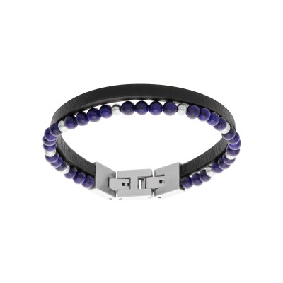 Bracelet acier double cuir bovin noir et perles sodalite 4.80mm 19cm + 1.5cm double fermoir