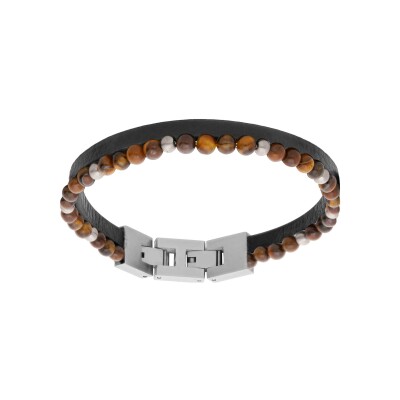 Bracelet acier double cuir bovin marron et perles oeil de tigre 4.80mm 19cm + 1.5cm double fermoir
