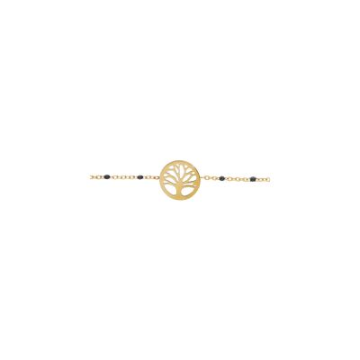 Bracelet acier et pvd doré résine noire avec arbre de vie 16+3cm