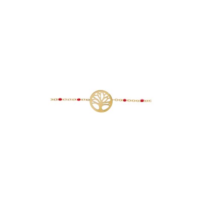 Bracelet acier et pvd doré résine rouge avec arbre de vie 16+3cm