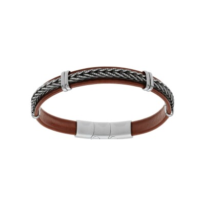 Bracelet acier et cuir bovin marron avec tresse double fermoir 19.5+1.5cm