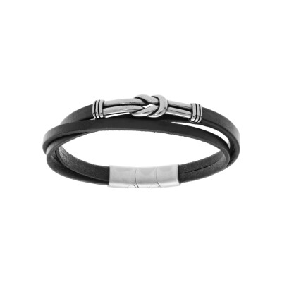 Bracelet acier et cuir bovin marron 3 rangs motif noeud 19+1cm double fermoir