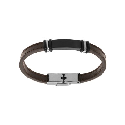 Bracelet junior acier et cuir bovin marron plaque noir à graver 16.5cm réglable