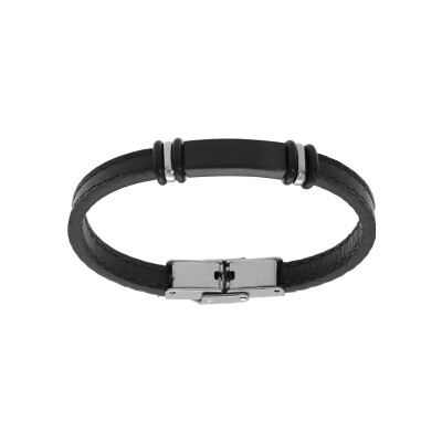 Bracelet junior acier et cuir bovin noir plaque noir à graver 16.5cm réglable