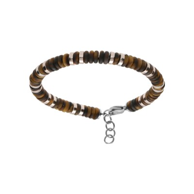 Bracelet acier oeil de tigre véritable et et rondelles hématites dorées rose 20+2.5cm