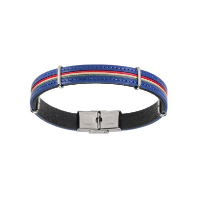 Bracelet acier avec cordon et cuir bovin bleu 20cm réglable