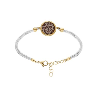Bracelet acier doré stella mia cordon blanc motif rond avec résine léopard 16+3cm