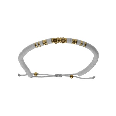 Bracelet acier cordon coulissant rondelles blanches et boules pvd doré