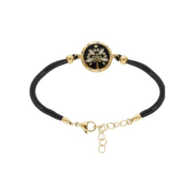 Bracelet acier et pvd doré stella mia cordon noir motif rond avec résine 16+3cm