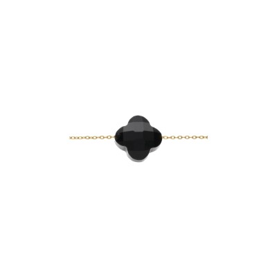 Bracelet acier pvd doré trèfle pierre imitation faceté noire 17+3cm
