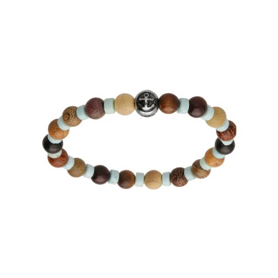 Bracelet acier junior perles aspect bois et turquoise imitation et ancre
