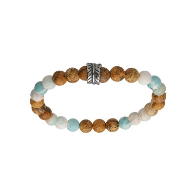 Bracelet acier junior boule aspect bois et howlite véritable et turquoise imitation avec motif