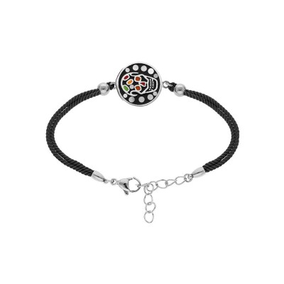 Bracelet acier stella mia tête de mort résine multi couleur et nacre cordon noir 16+3cm