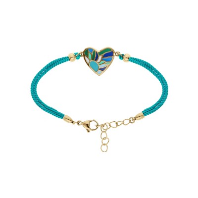 Bracelet acier doré jaune stella mia coeur résine bleu vert cordon bleu turquoise 16+3cm
