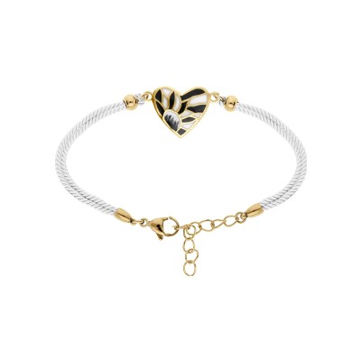 Bracelet acier doré jaune stella mia forme coeur résine blanche et noire cordon blanc 16+3cm
